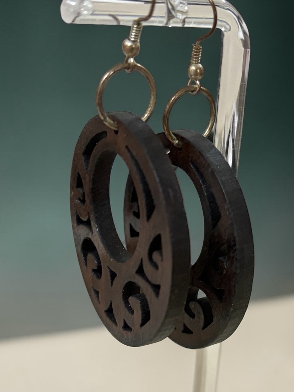 Vintage BOHO BROWN WOOD OPEN CIRCLE SCROLL Wire Earrings